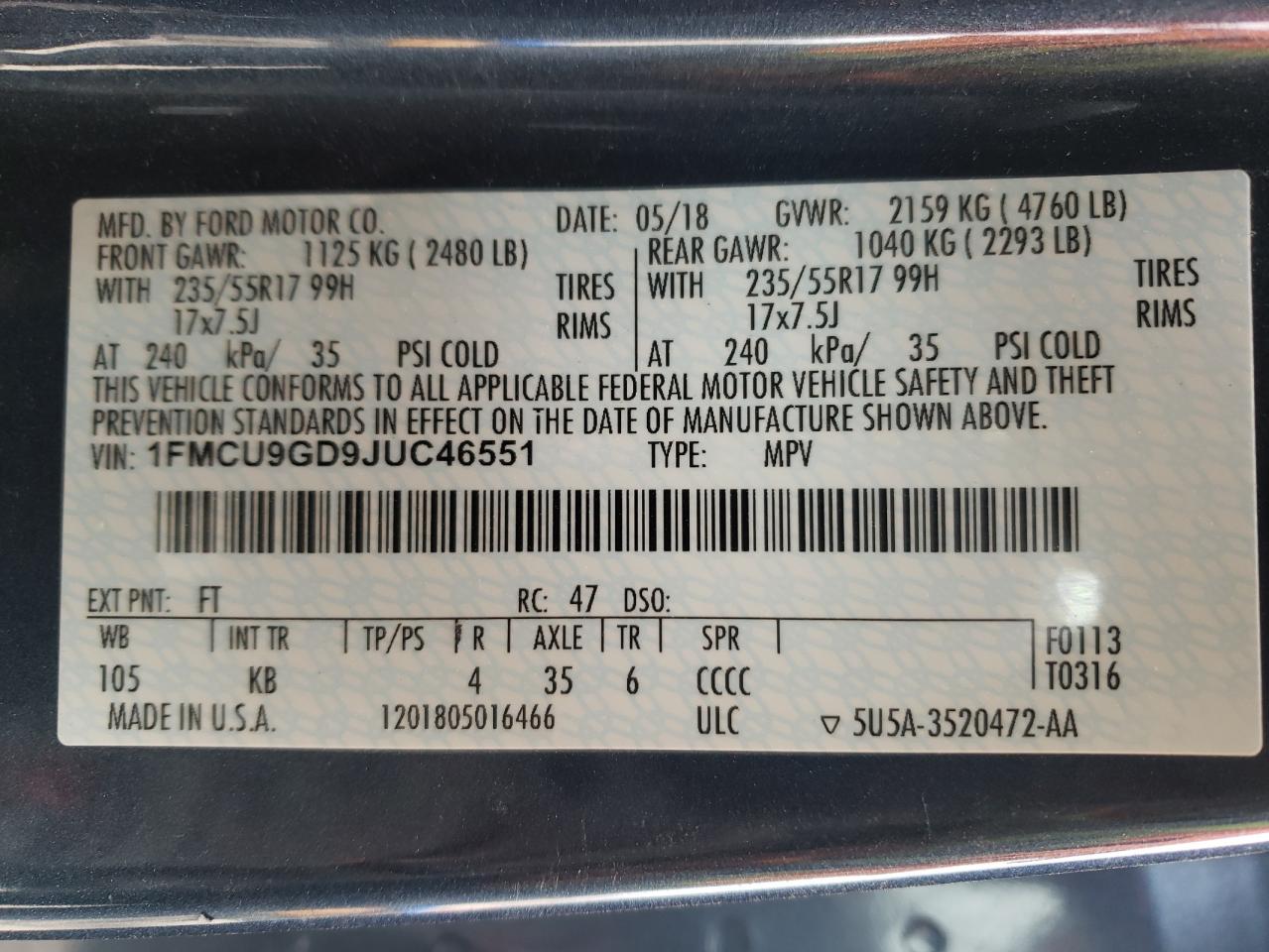 Photo 10 from auction – 2018 FORD ESCAPE SE with VIN 1FMCU9GD9JUC46551