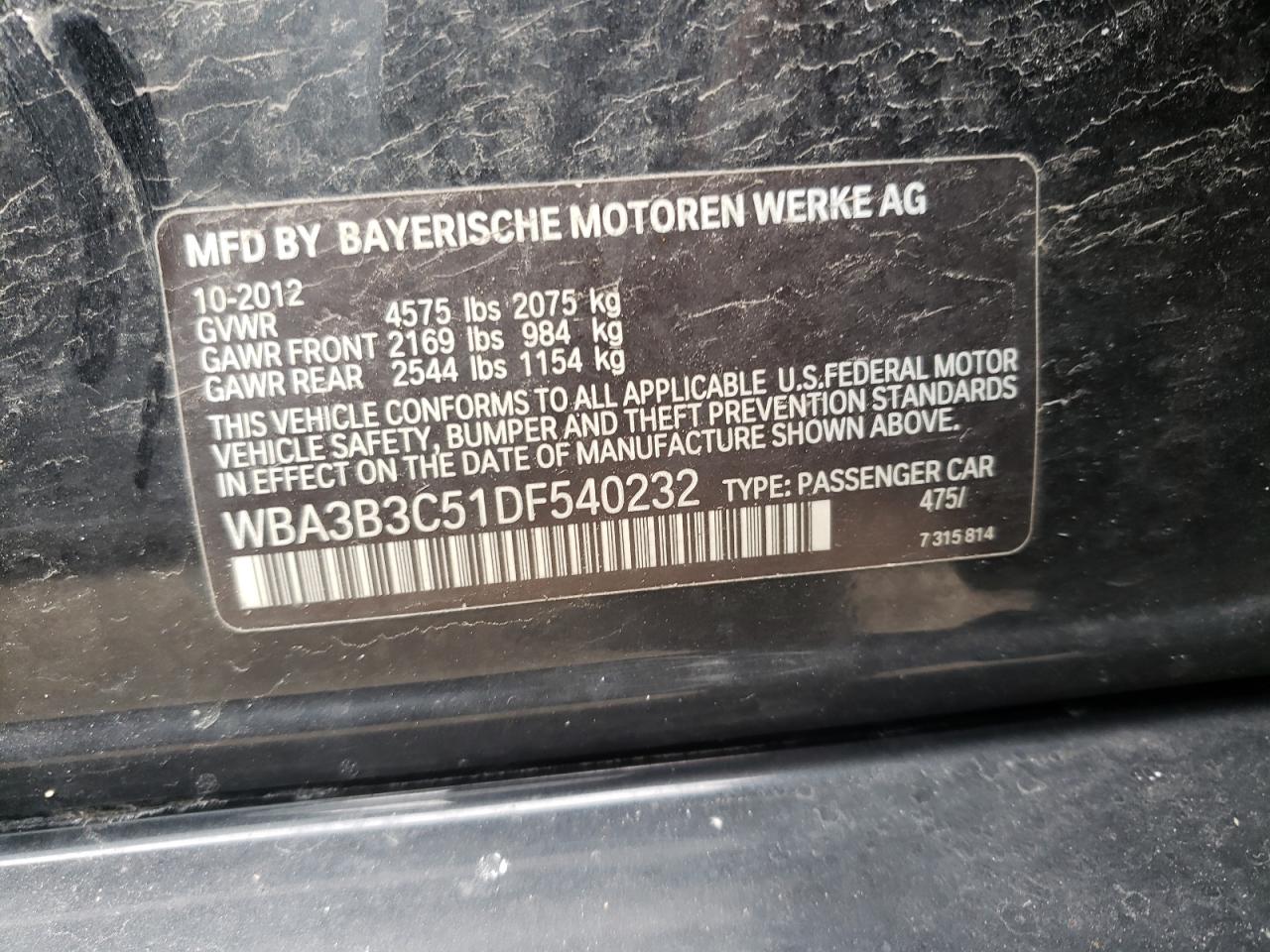 Photo 10 from auction – 2013 BMW 328 XI with VIN WBA3B3C51DF540232