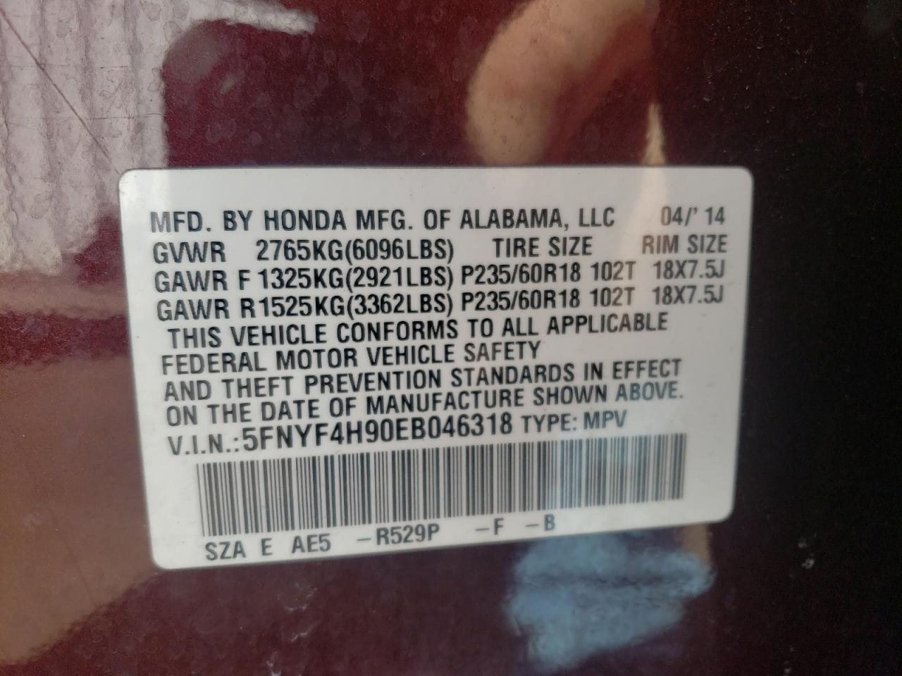 Photo 10 from auction – 2014 HONDA PILOT with VIN 5FNYF4H90EB046318