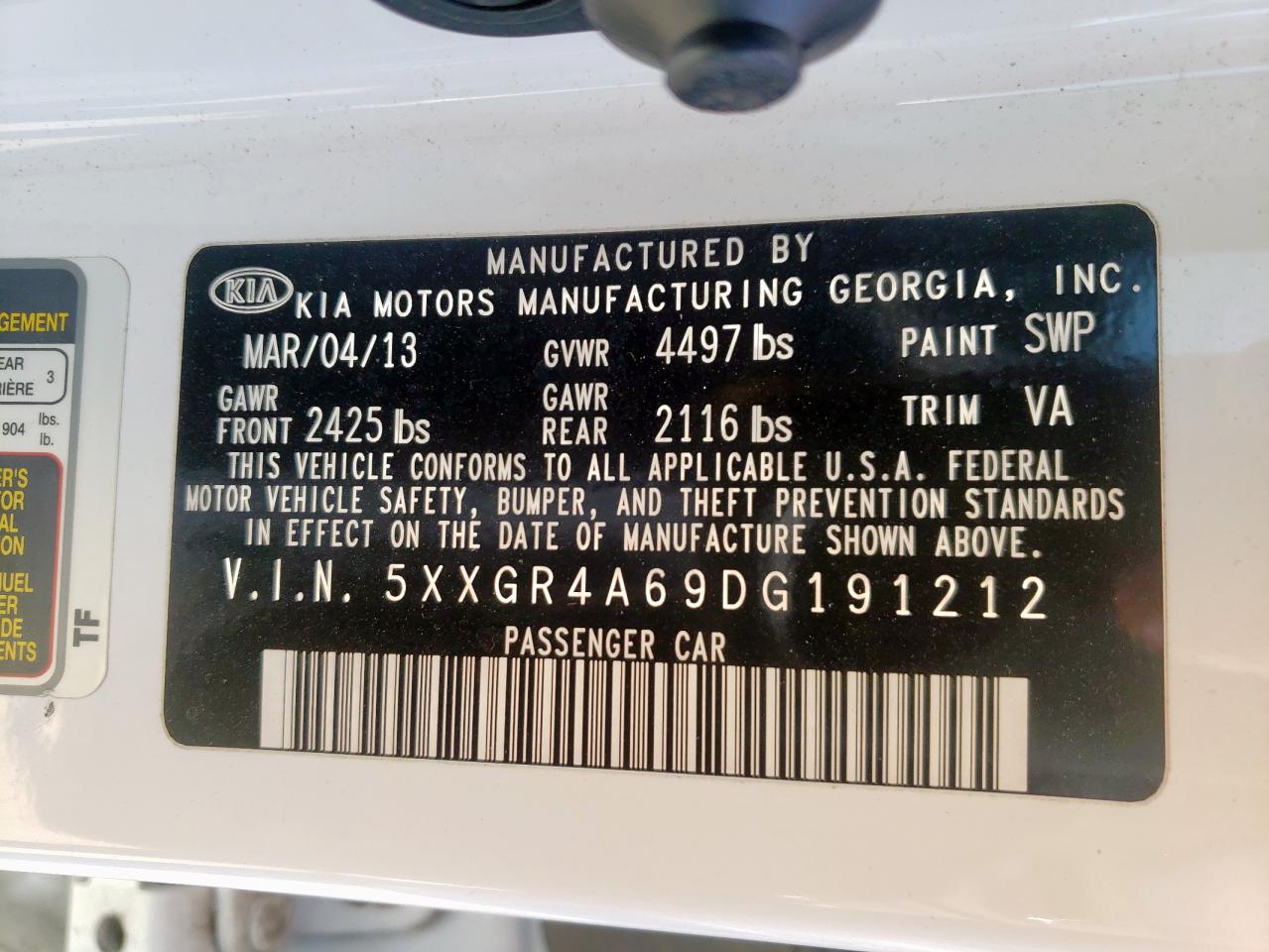 Photo 10 from auction – 2013 KIA OPTIMA SX with VIN 5XXGR4A69DG191212