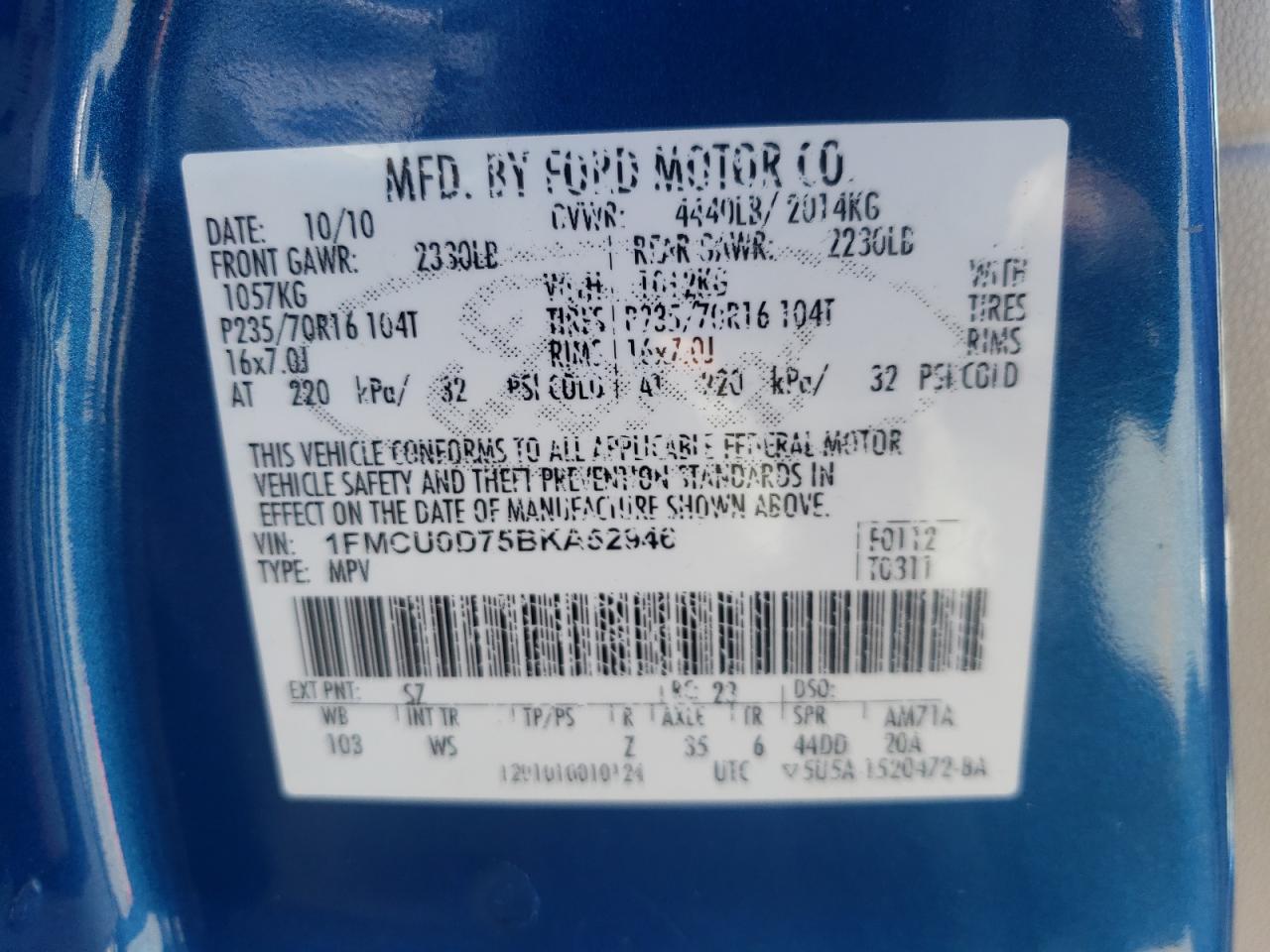Photo 10 from auction – 2011 FORD ESCAPE XLT with VIN 1FMCU0D75BKA52946