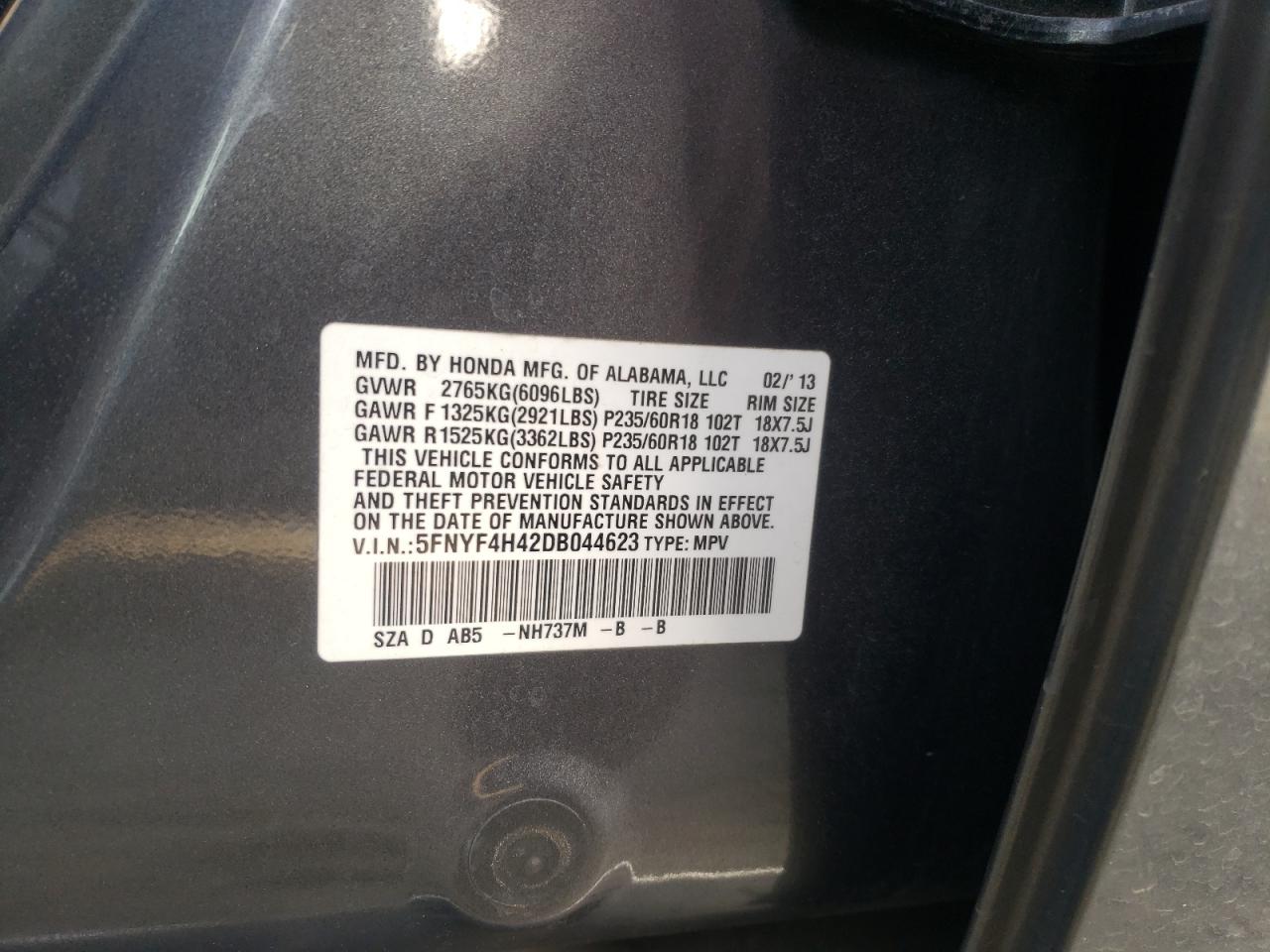 Photo 10 from auction – 2013 HONDA PILOT EX with VIN 5FNYF4H42DB044623