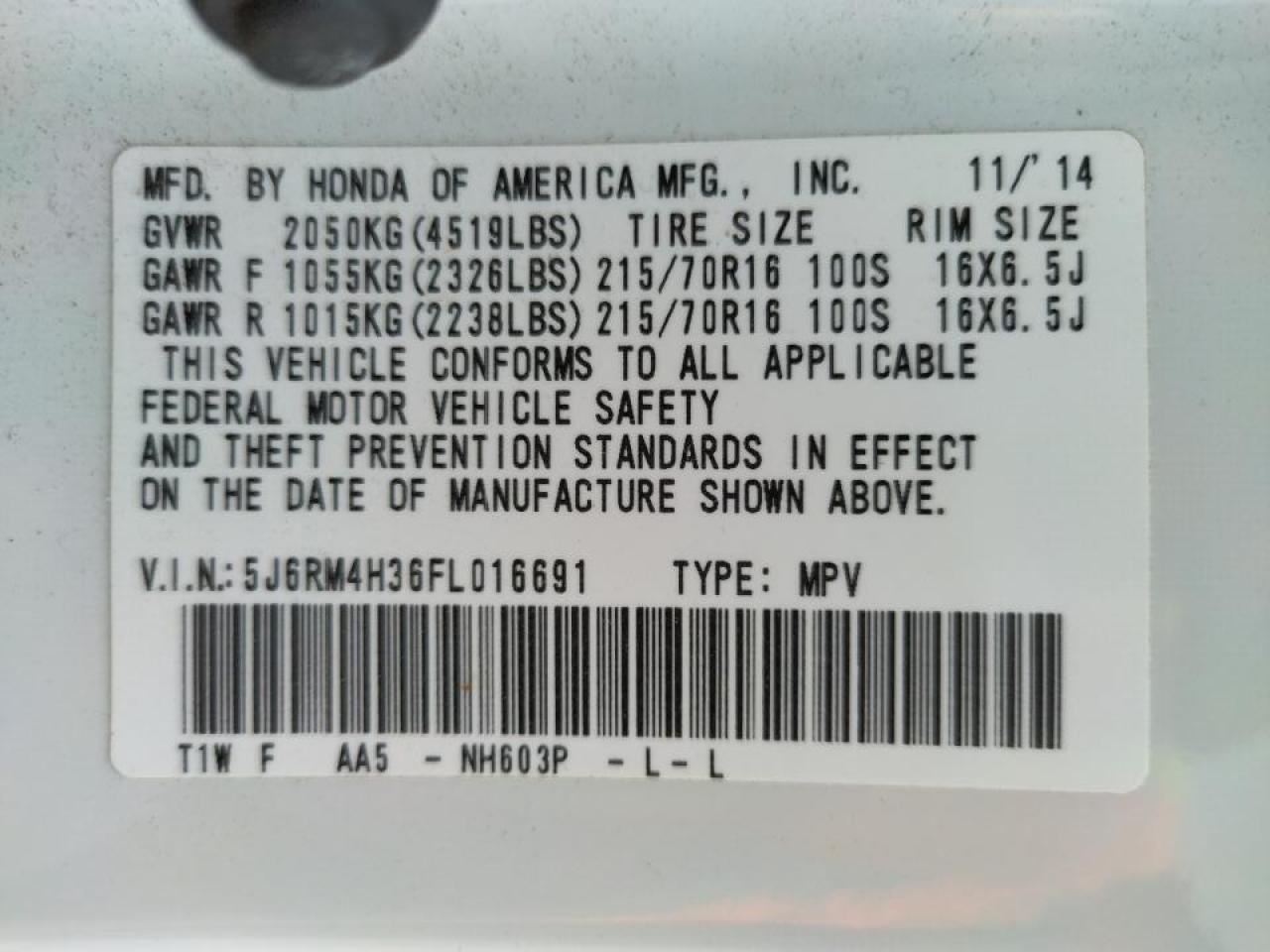 Photo 10 from auction – 2015 HONDA CR-V LX with VIN 5J6RM4H36FL016691