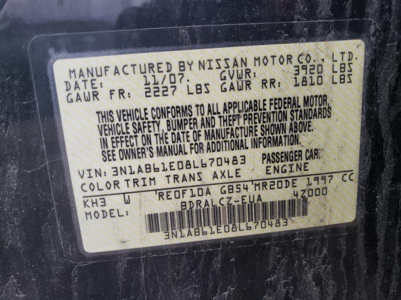 Photo 10 from auction – 2008 NISSAN SENTRA with VIN 3N1AB61E08L670483