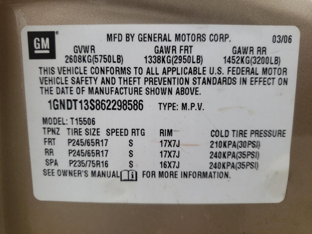 Photo 10 from auction – 2006 CHEVROLET TRAILBLAZE with VIN 1GNDT13S862298586