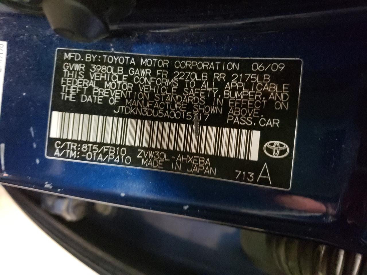 Photo 10 from auction – 2010 TOYOTA PRIUS with VIN JTDKN3DU5A0015717