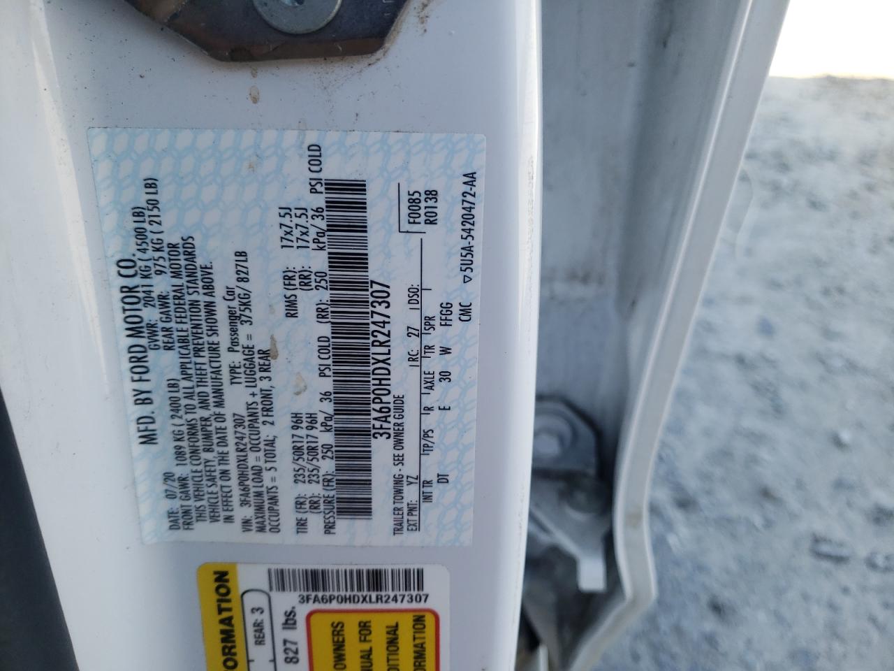 Photo 10 from auction – 2020 FORD FUSION SE with VIN 3FA6P0HDXLR247307