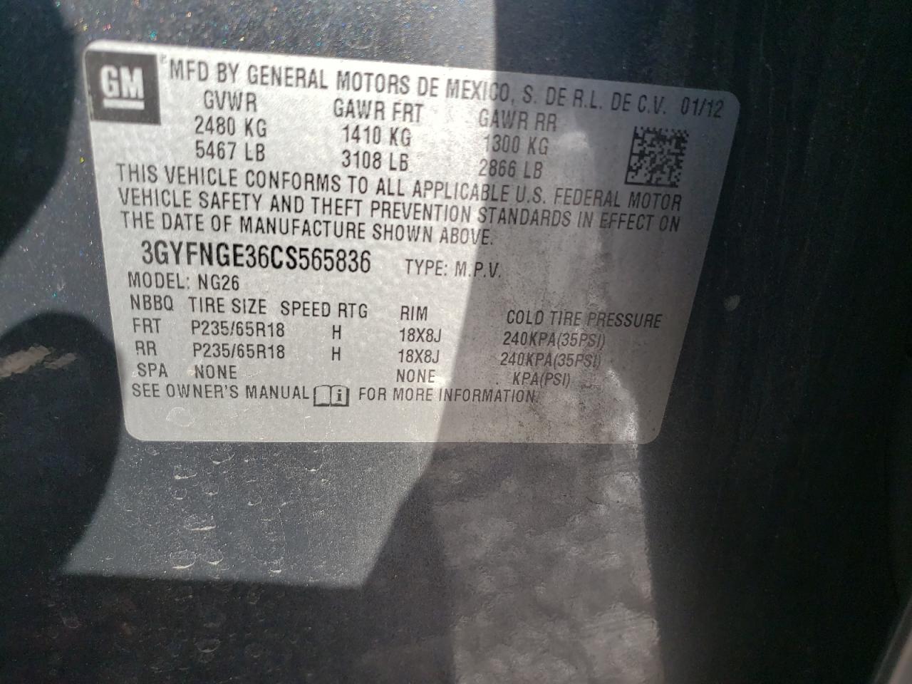Photo 10 from auction – 2012 CADILLAC SRX with VIN 3GYFNGE36CS565836