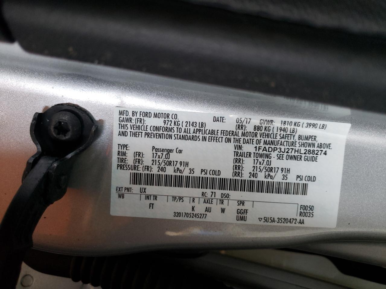 Photo 10 from auction – 2017 FORD FOCUS TITA with VIN 1FADP3J27HL288274