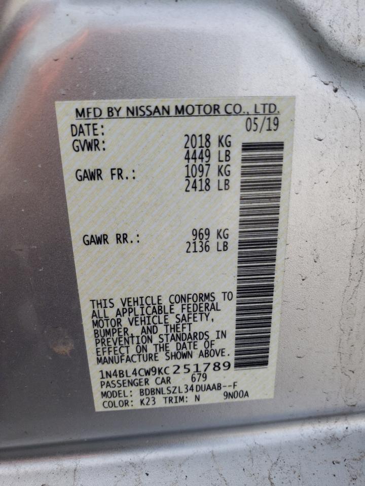 Photo 10 from auction – 2019 NISSAN ALTIMA SR with VIN 1N4BL4CW9KC251789