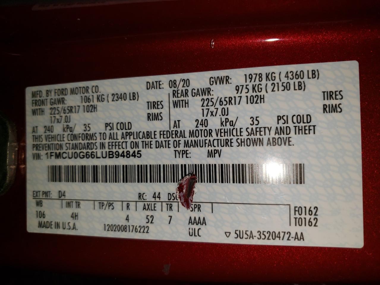 Photo 10 from auction – 2020 FORD ESCAPE SE with VIN 1FMCU0G66LUB94845