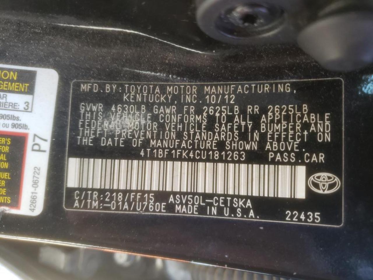 Photo 10 from auction – 2012 TOYOTA CAMRY BASE with VIN 4T1BF1FK4CU181263
