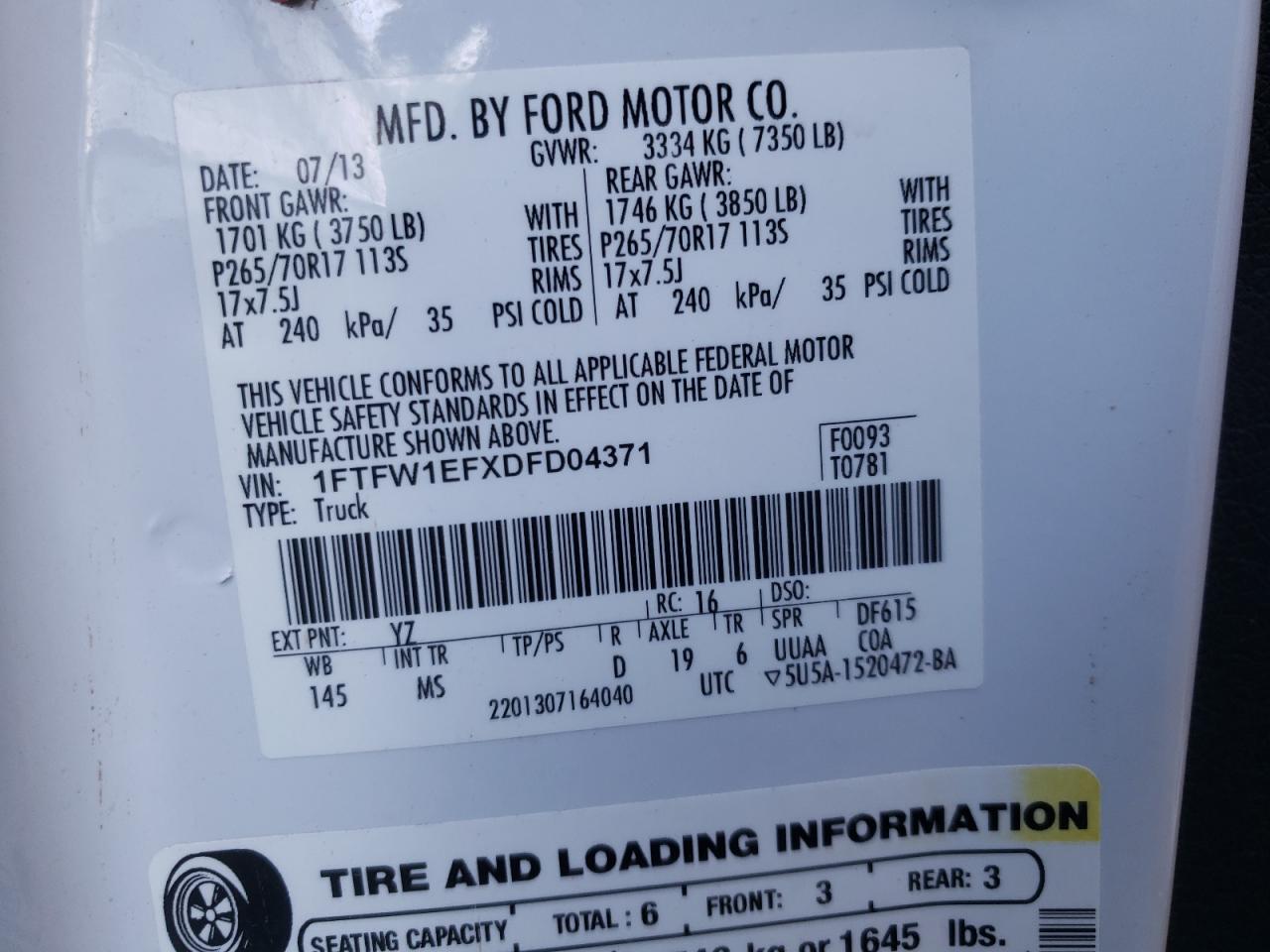 Photo 10 from auction – 2013 FORD F150 SUPER with VIN 1FTFW1EFXDFD04371