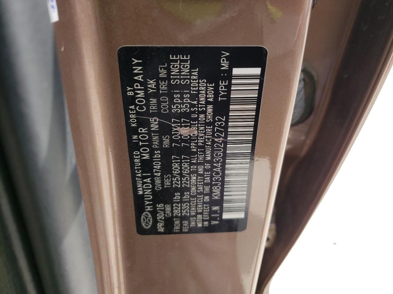 Photo 10 from auction – 2016 HYUNDAI TUCSON LIM with VIN KM8J3CA43GU242732