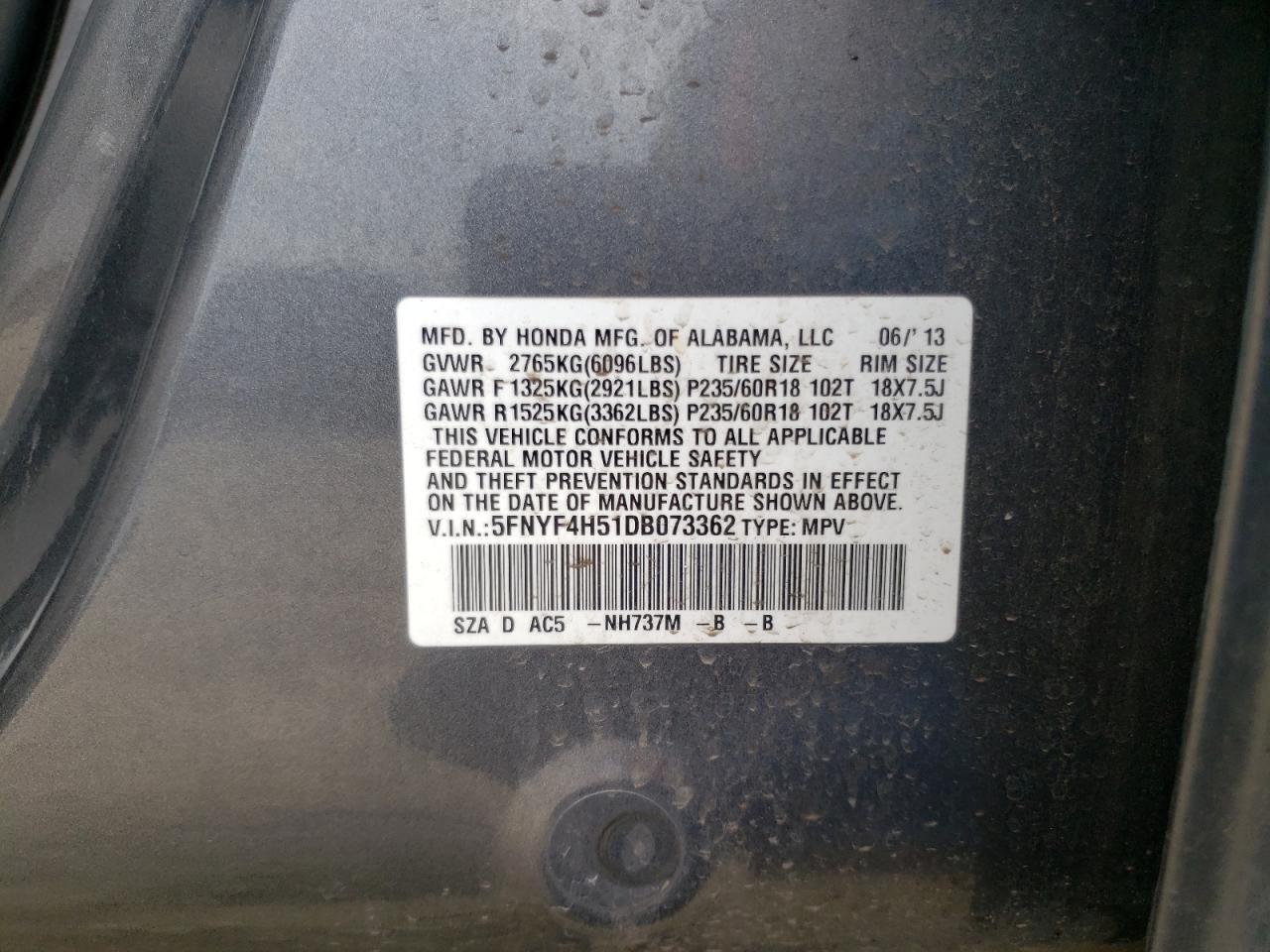 Photo 10 from auction – 2013 HONDA PILOT EXL with VIN 5FNYF4H51DB073362