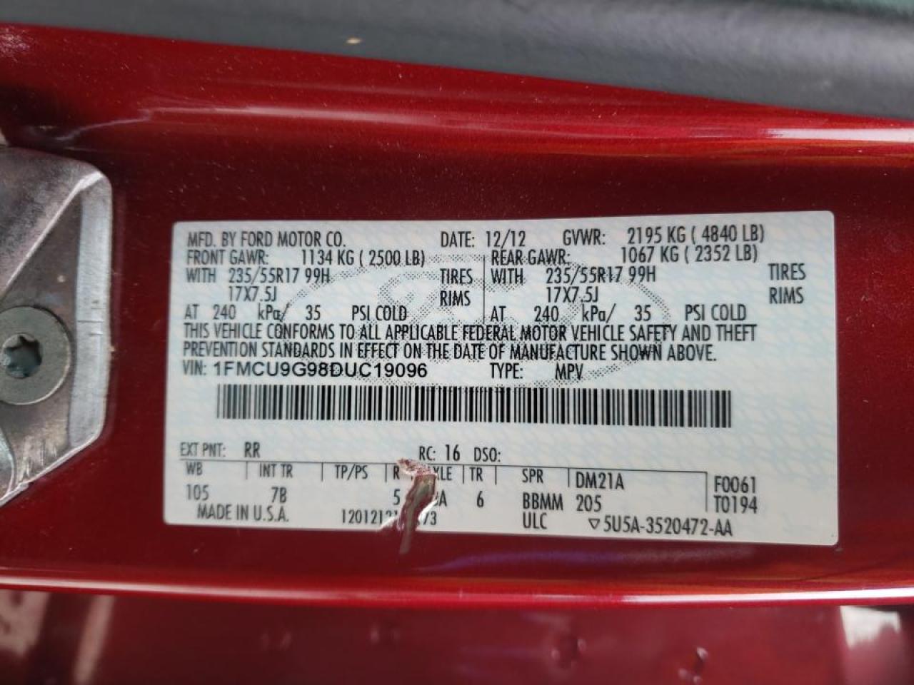 Photo 10 from auction – 2013 FORD ESCAPE SE with VIN 1FMCU9G98DUC19096