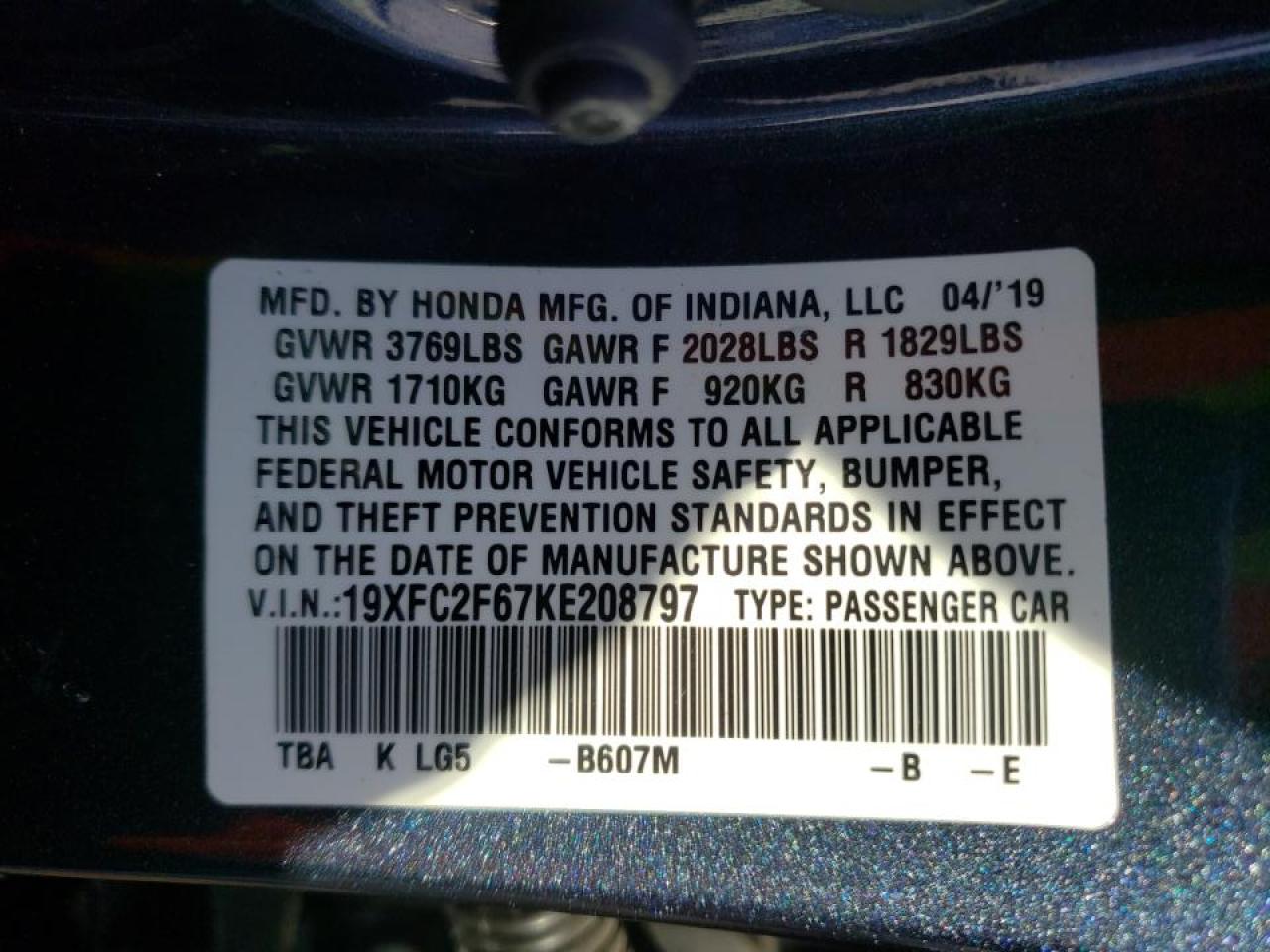 Photo 10 from auction – 2019 HONDA CIVIC LX with VIN 19XFC2F67KE208797