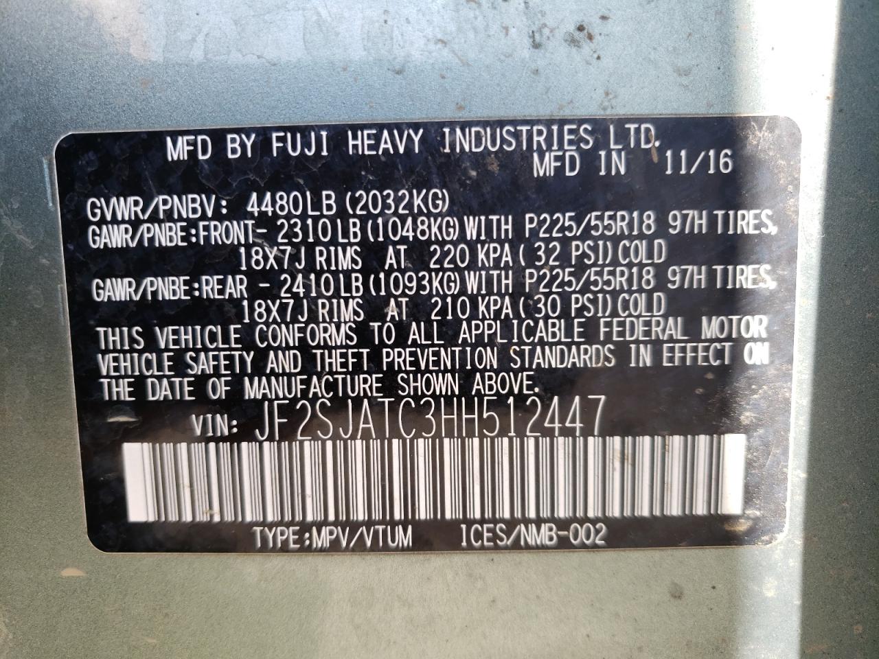 Photo 10 from auction – 2017 SUBARU FORESTER 2 with VIN JF2SJATC3HH512447