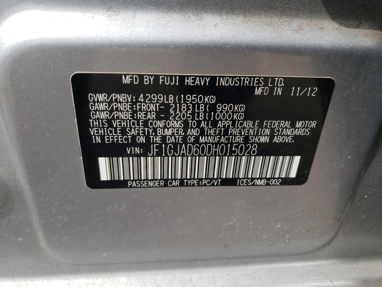 Photo 10 from auction – 2013 SUBARU IMPREZA PR with VIN JF1GJAD60DH015028
