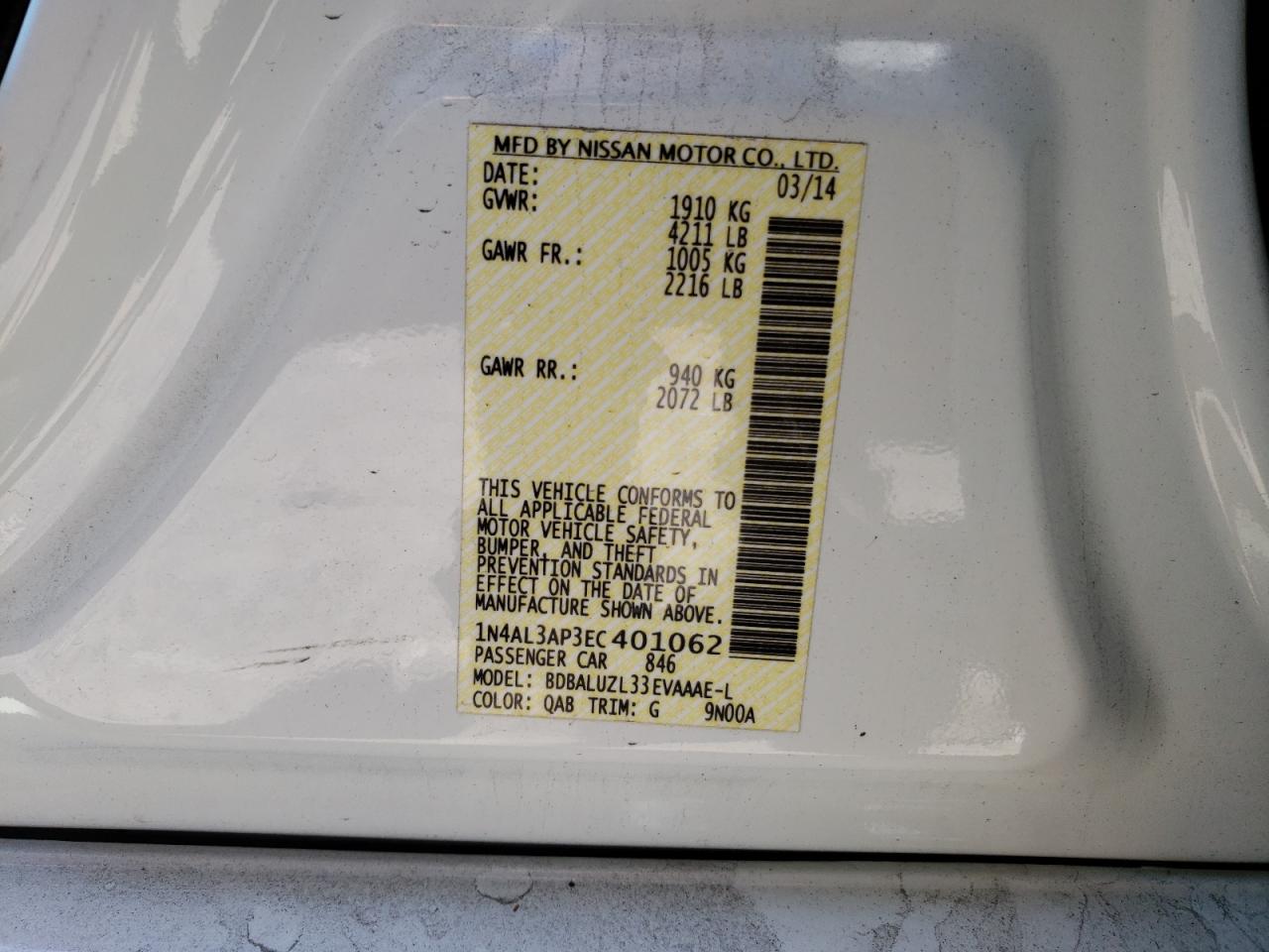 Photo 10 from auction – 2014 NISSAN ALTIMA 2.5 with VIN 1N4AL3AP3EC401062