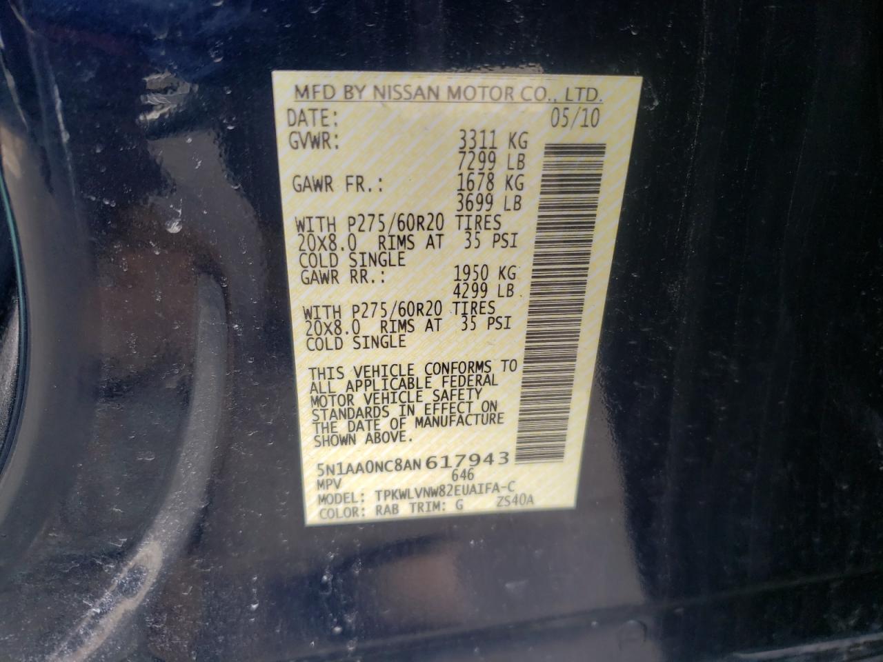 Photo 10 from auction – 2010 NISSAN ARMADA SE with VIN 5N1AA0NC8AN617943