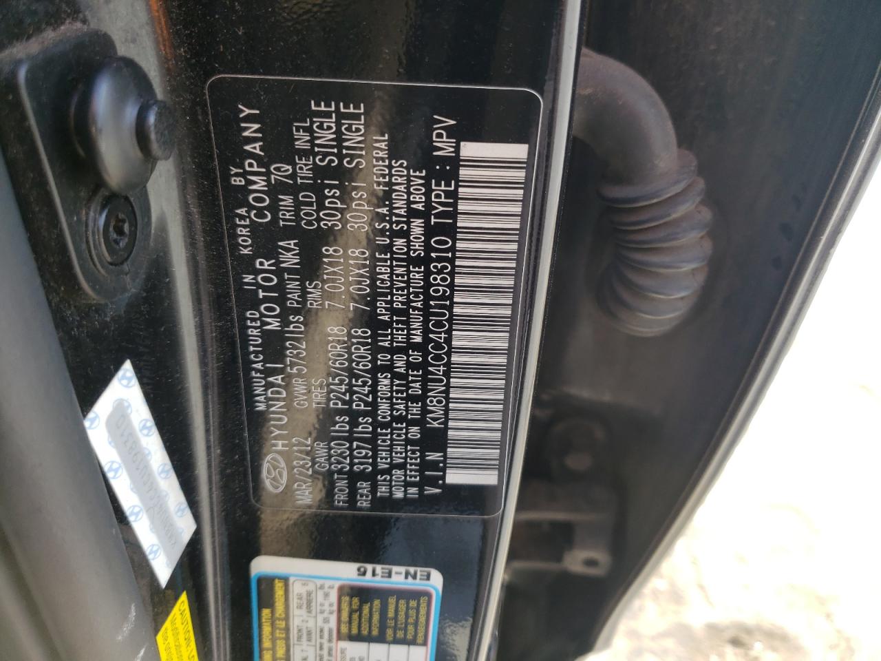 Photo 10 from auction – 2012 HYUNDAI VERACRUZ G with VIN KM8NU4CC4CU198310