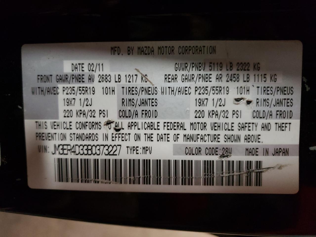 Photo 10 from auction – 2011 MAZDA CX-7 with VIN JM3ER4D33B0373227