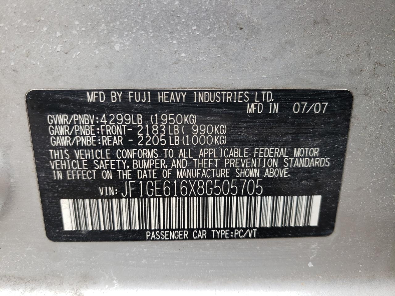 Photo 10 from auction – 2008 SUBARU IMPREZA 2. with VIN JF1GE616X8G505705