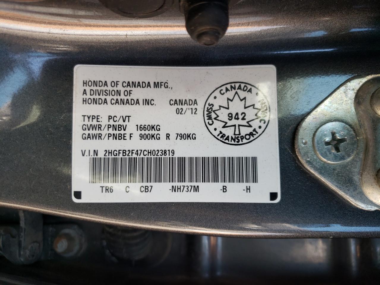 Zdjęcie 10 z aukcji – 2012 HONDA CIVIC LX z VIN 2HGFB2F47CH023819