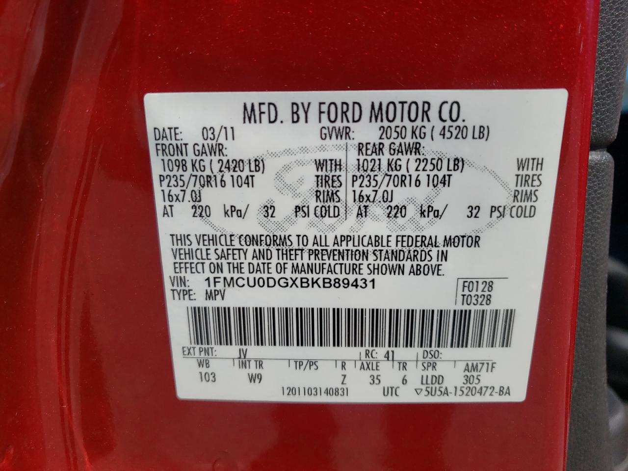 Photo 10 from auction – 2011 FORD ESCAPE XLT with VIN 1FMCU0DGXBKB89431