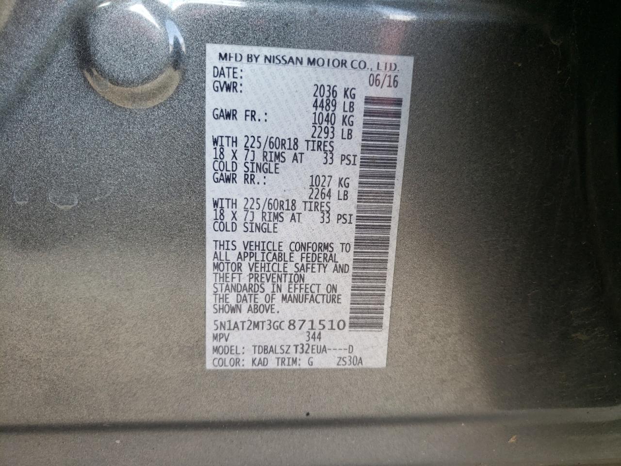 Photo 10 from auction – 2016 NISSAN ROGUE S with VIN 5N1AT2MT3GC871510