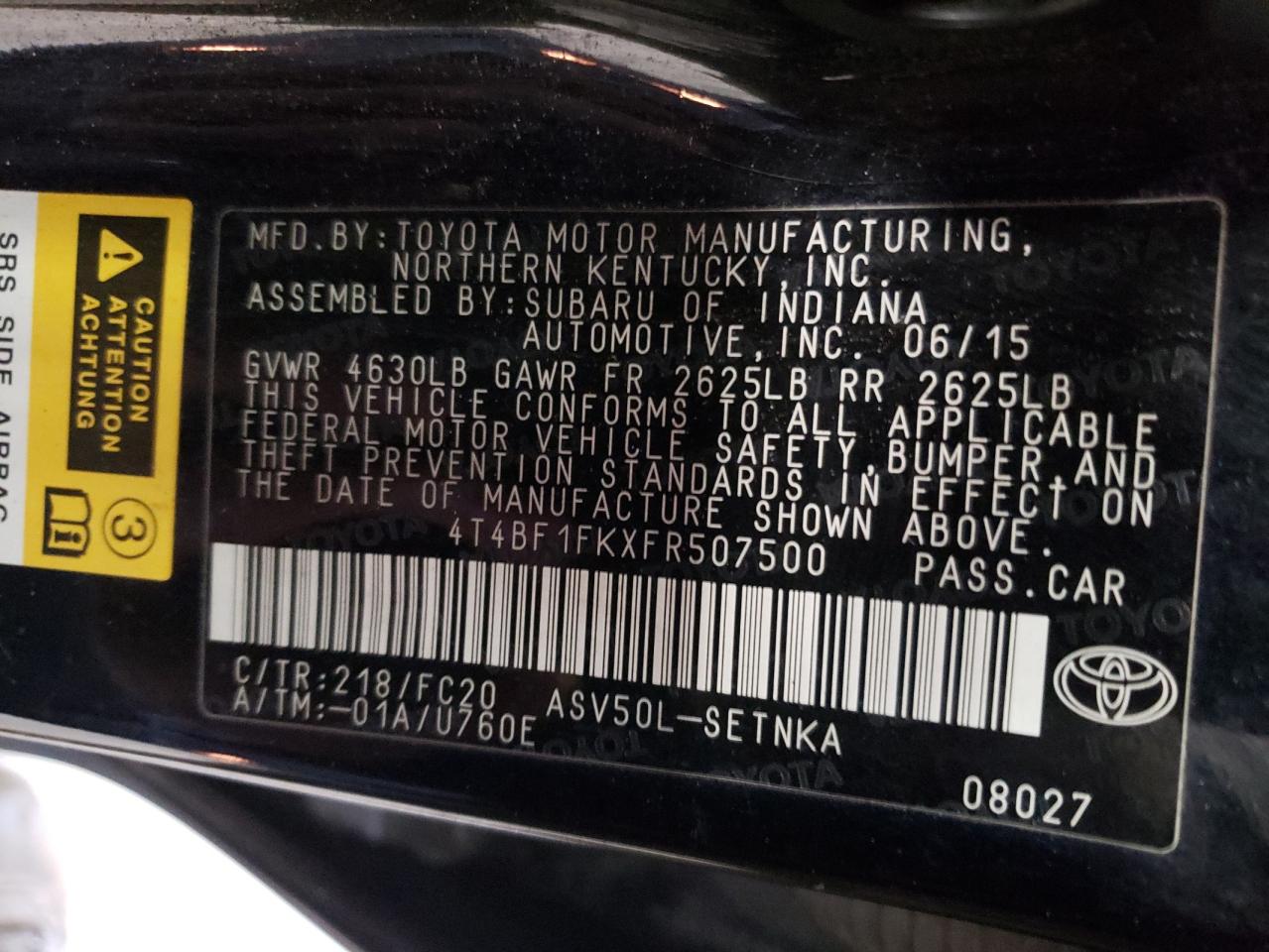 Photo 10 from auction – 2015 TOYOTA CAMRY LE with VIN 4T4BF1FKXFR507500