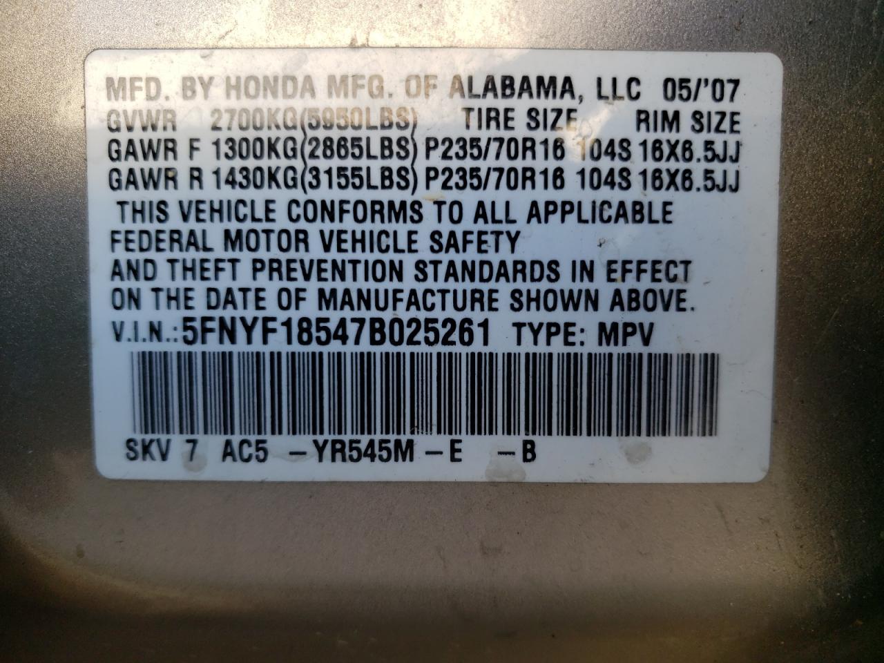 Photo 10 from auction – 2007 HONDA PILOT EXL with VIN 5FNYF18547B025261