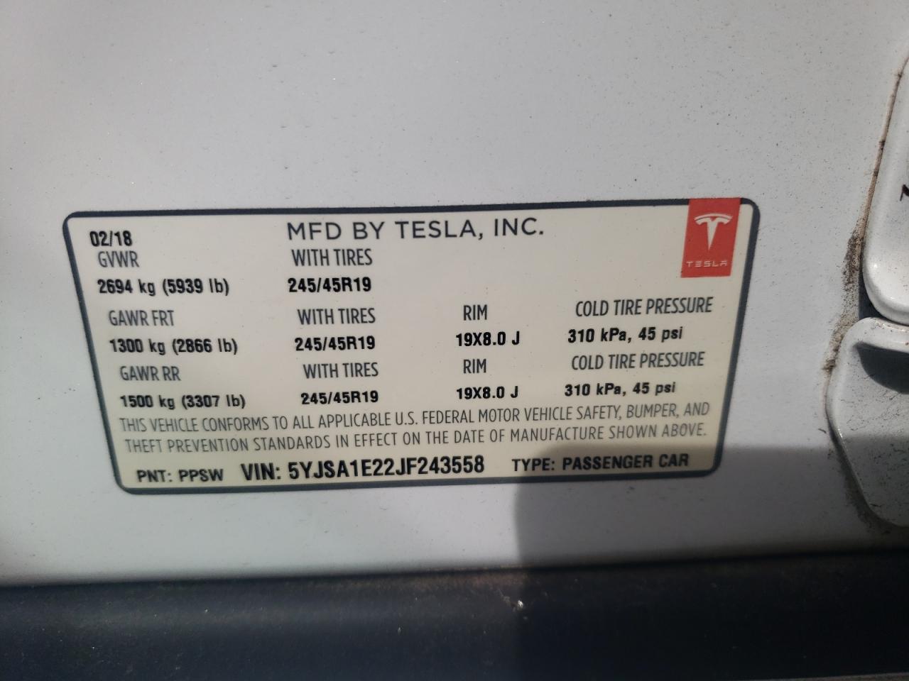 Photo 10 from auction – 2018 TESLA MODEL S with VIN 5YJSA1E22JF243558
