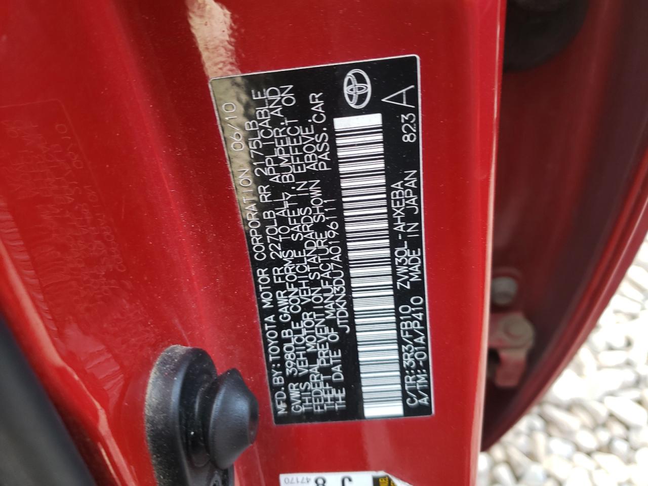 Photo 10 from auction – 2010 TOYOTA PRIUS with VIN JTDKN3DU7A0196111