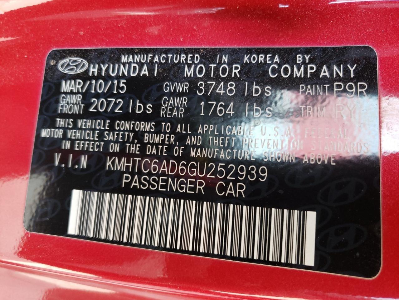 Photo 10 from auction – 2016 HYUNDAI VELOSTER with VIN KMHTC6AD6GU252939