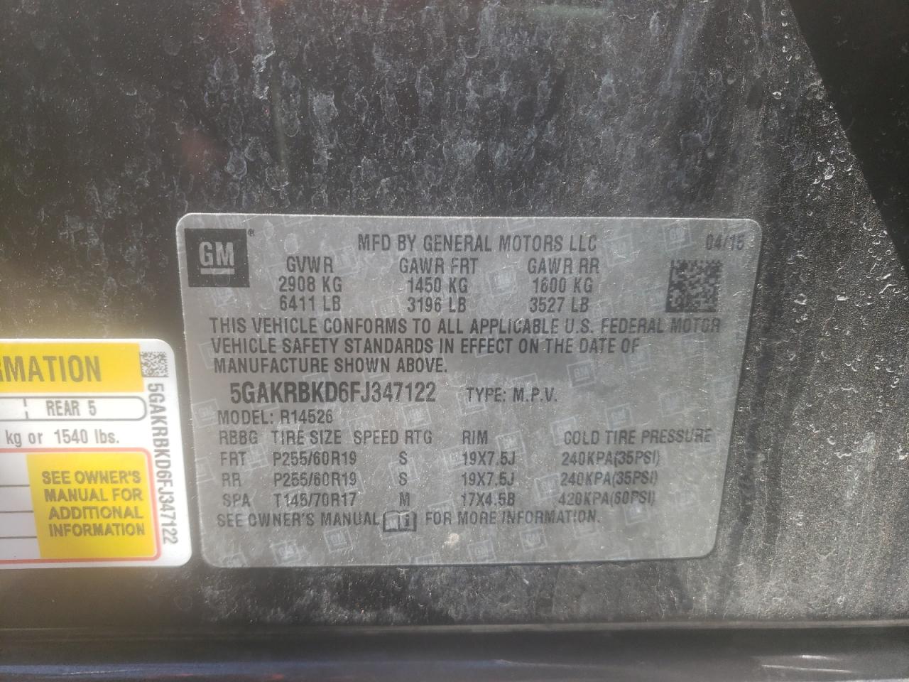 Photo 10 from auction – 2015 BUICK ENCLAVE with VIN 5GAKRBKD6FJ347122