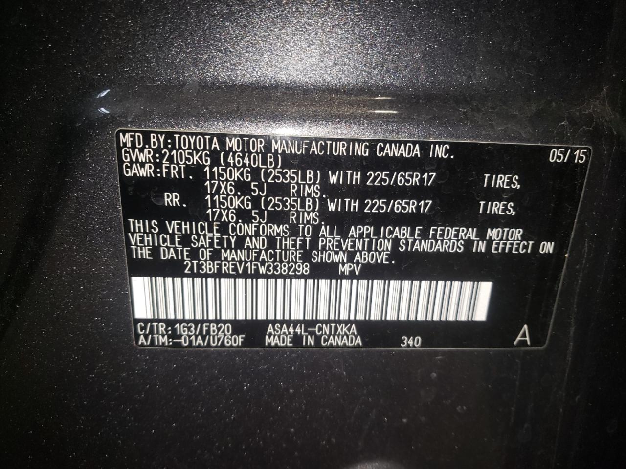 Photo 10 from auction – 2015 TOYOTA RAV4 LE with VIN 2T3BFREV1FW338298