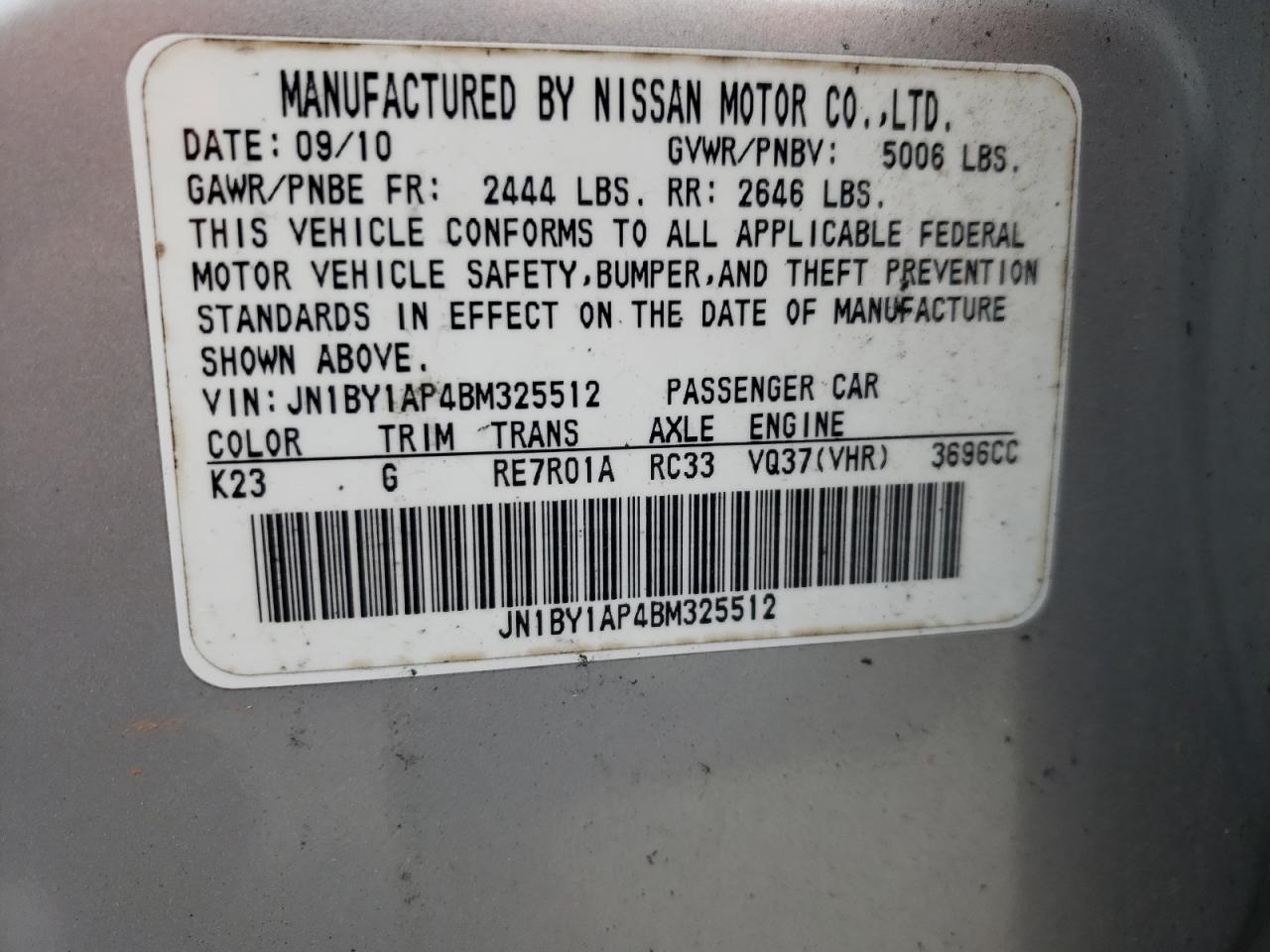 Photo 10 from auction – 2011 INFINITI M37 with VIN JN1BY1AP4BM325512