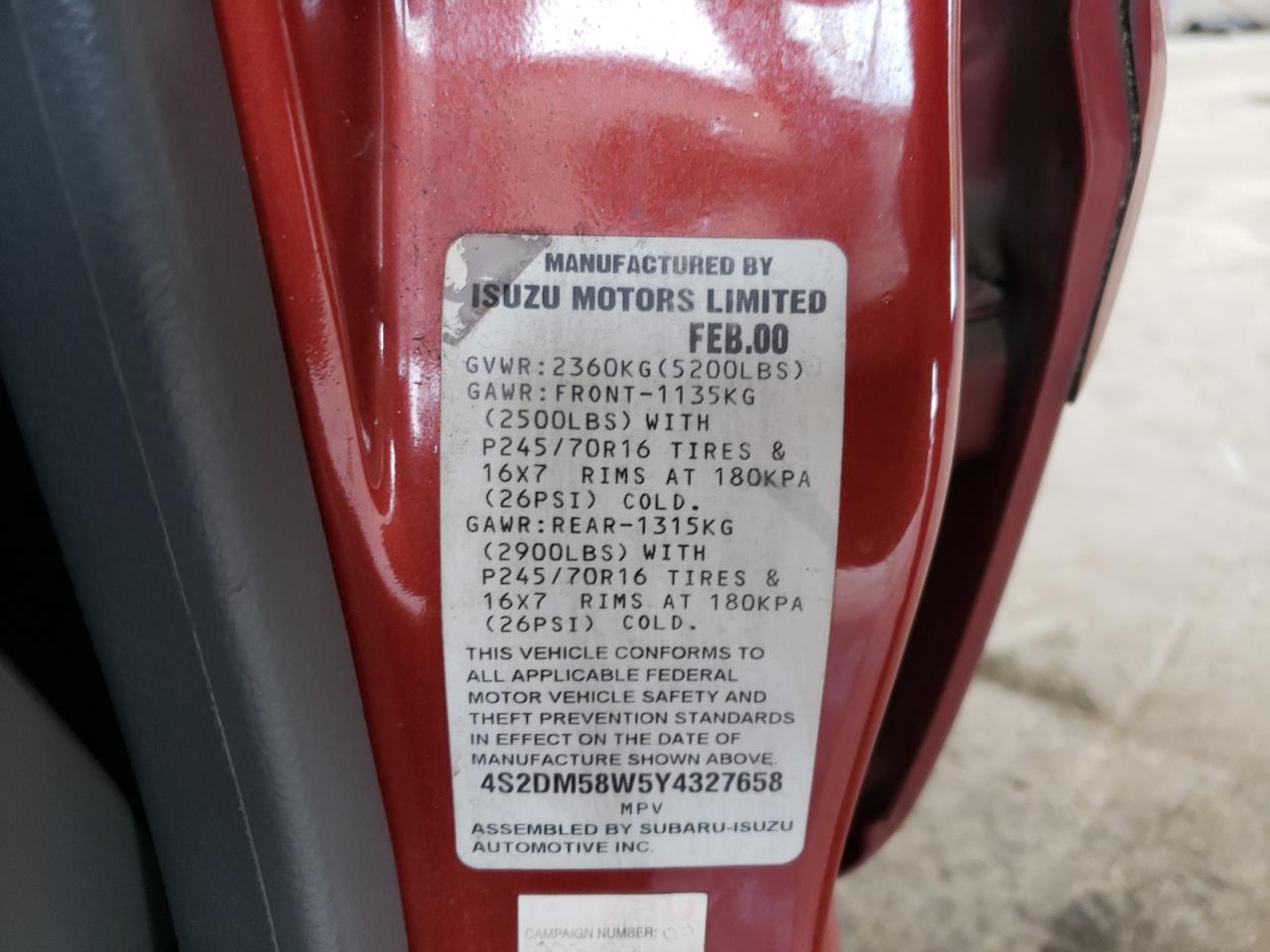 Photo 10 from auction – 2000 ISUZU RODEO S with VIN 4S2DM58W5Y4327658
