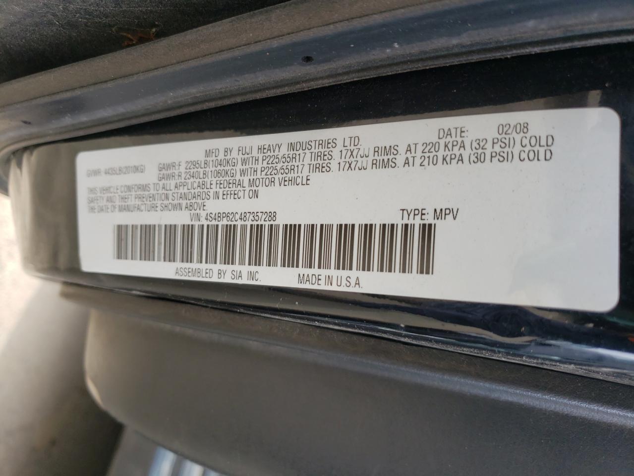 Photo 10 from auction – 2008 SUBARU OUTBACK 2. with VIN 4S4BP62C487357288