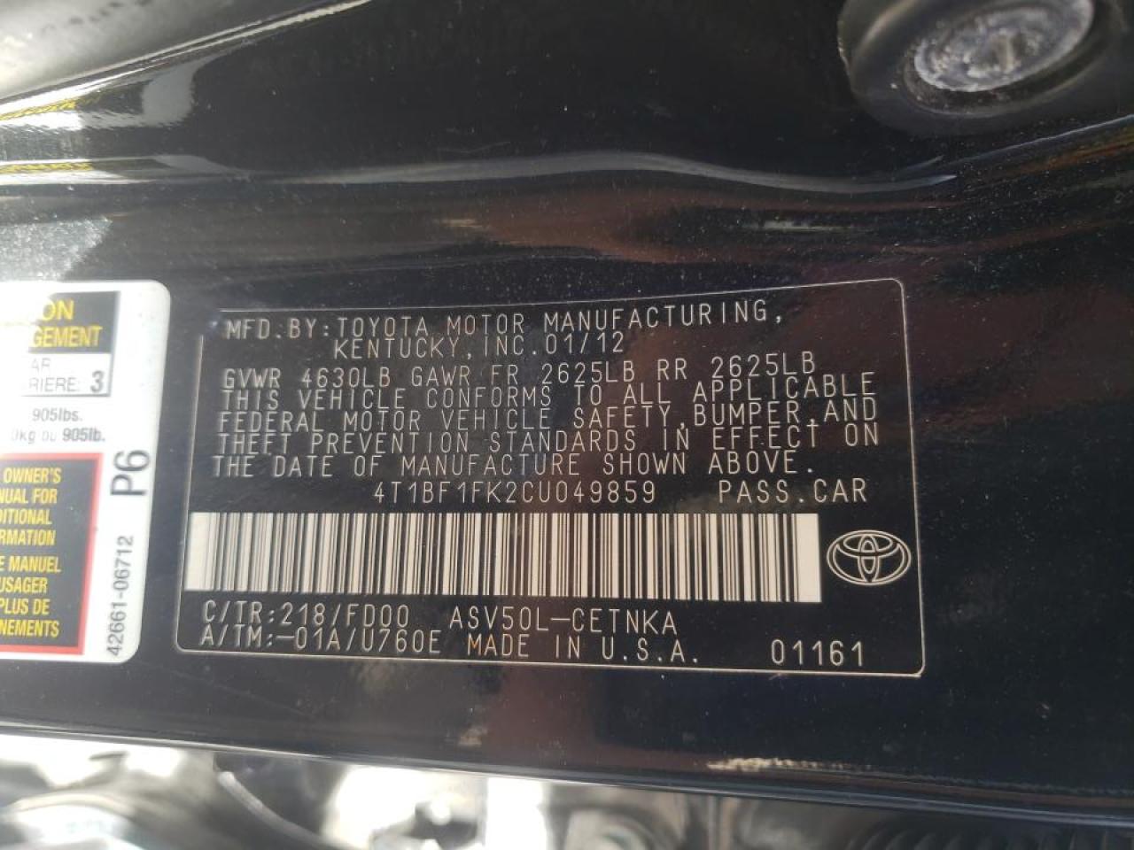 Photo 10 from auction – 2012 TOYOTA CAMRY BASE with VIN 4T1BF1FK2CU049859
