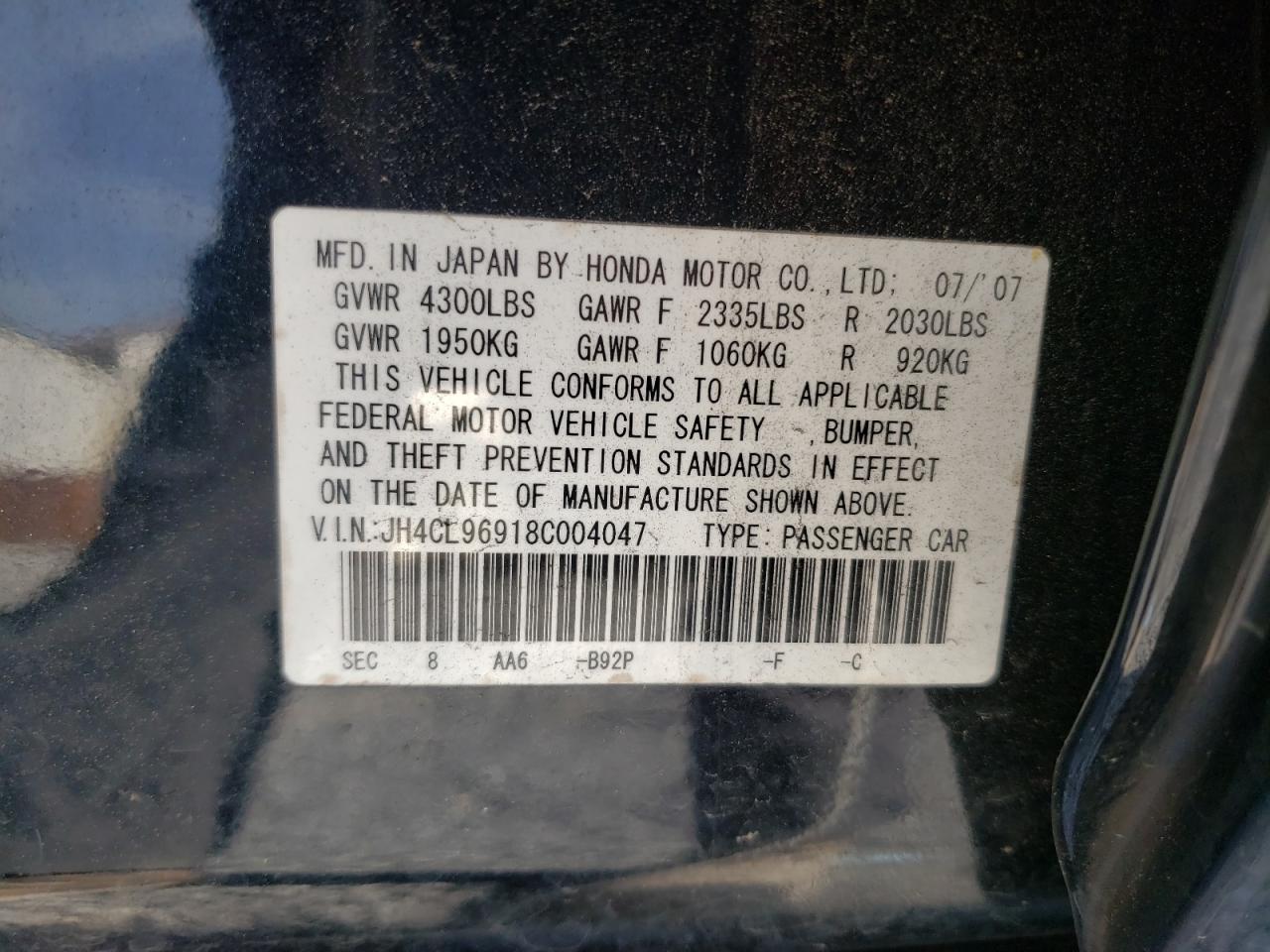 Photo 10 from auction – 2008 ACURA TSX with VIN JH4CL96918C004047