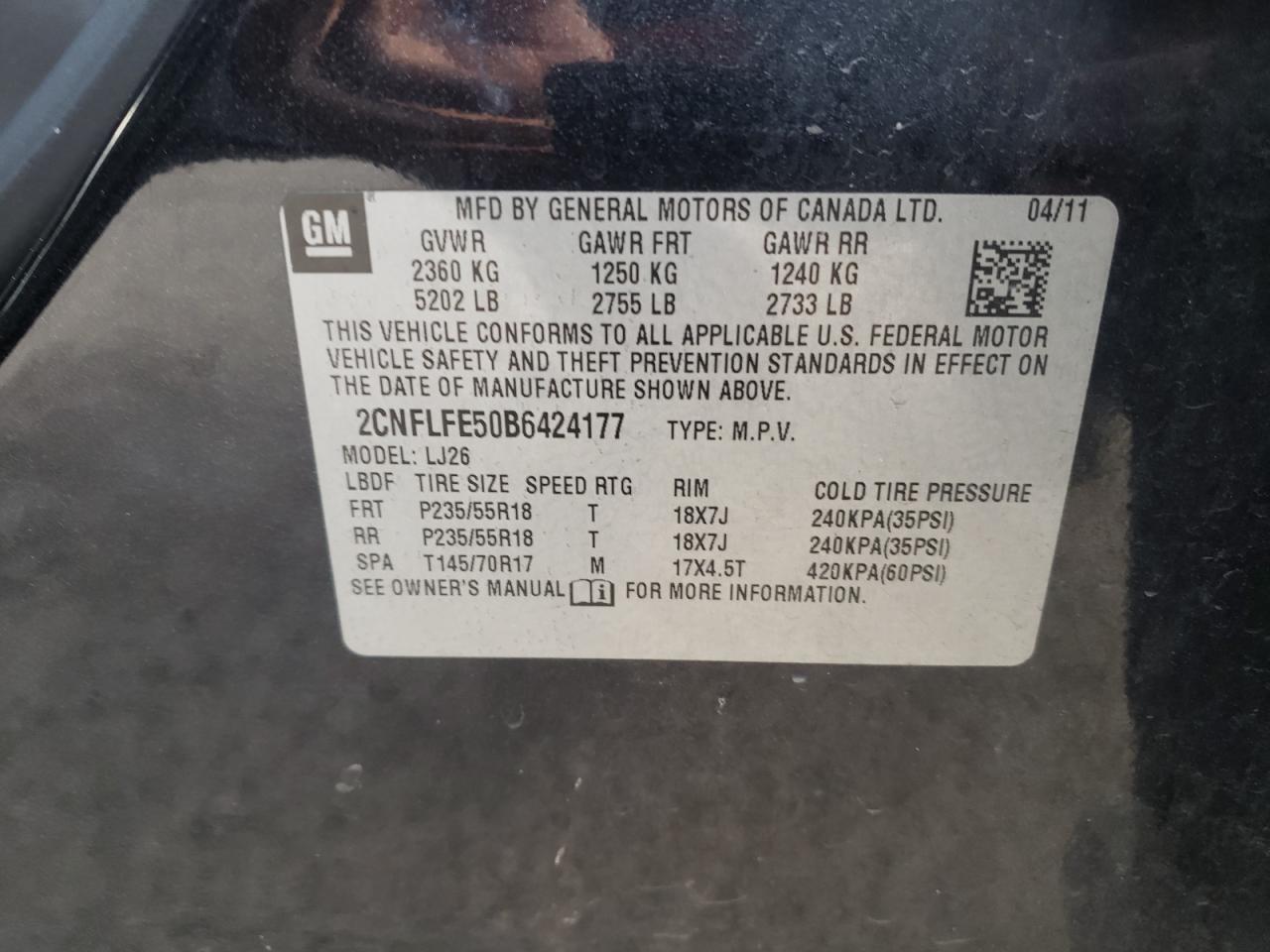 Photo 10 from auction – 2011 CHEVROLET EQUINOX LT with VIN 2CNFLFE50B6424177