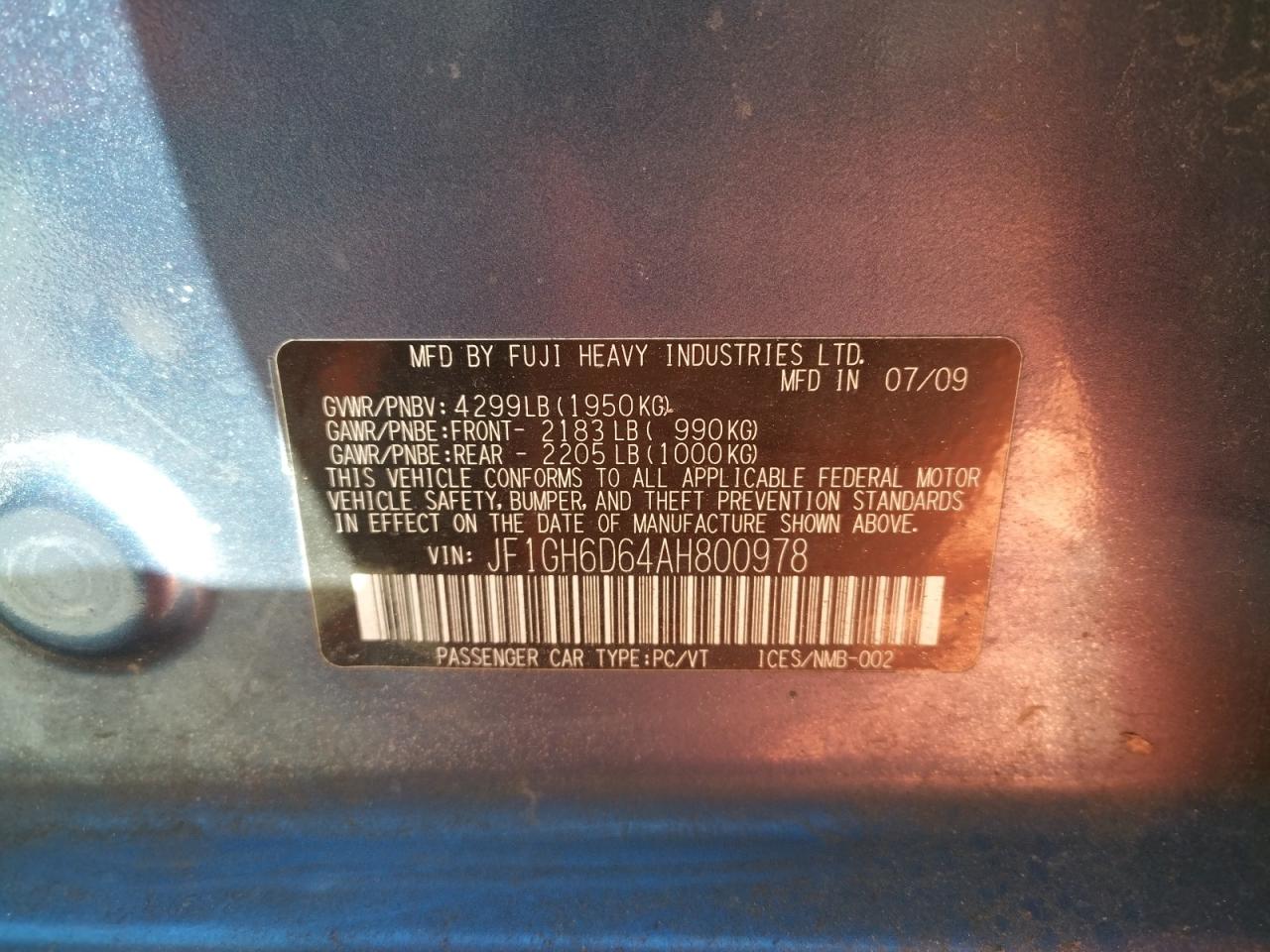 Photo 10 from auction – 2010 SUBARU IMPREZA OU with VIN JF1GH6D64AH800978