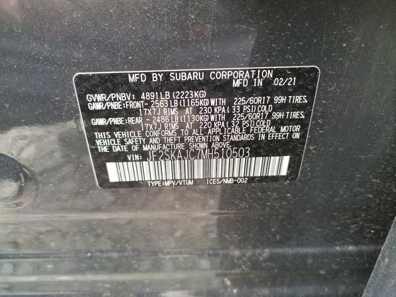 Photo 10 from auction – 2021 SUBARU FORESTER P with VIN JF2SKAJC7MH510503