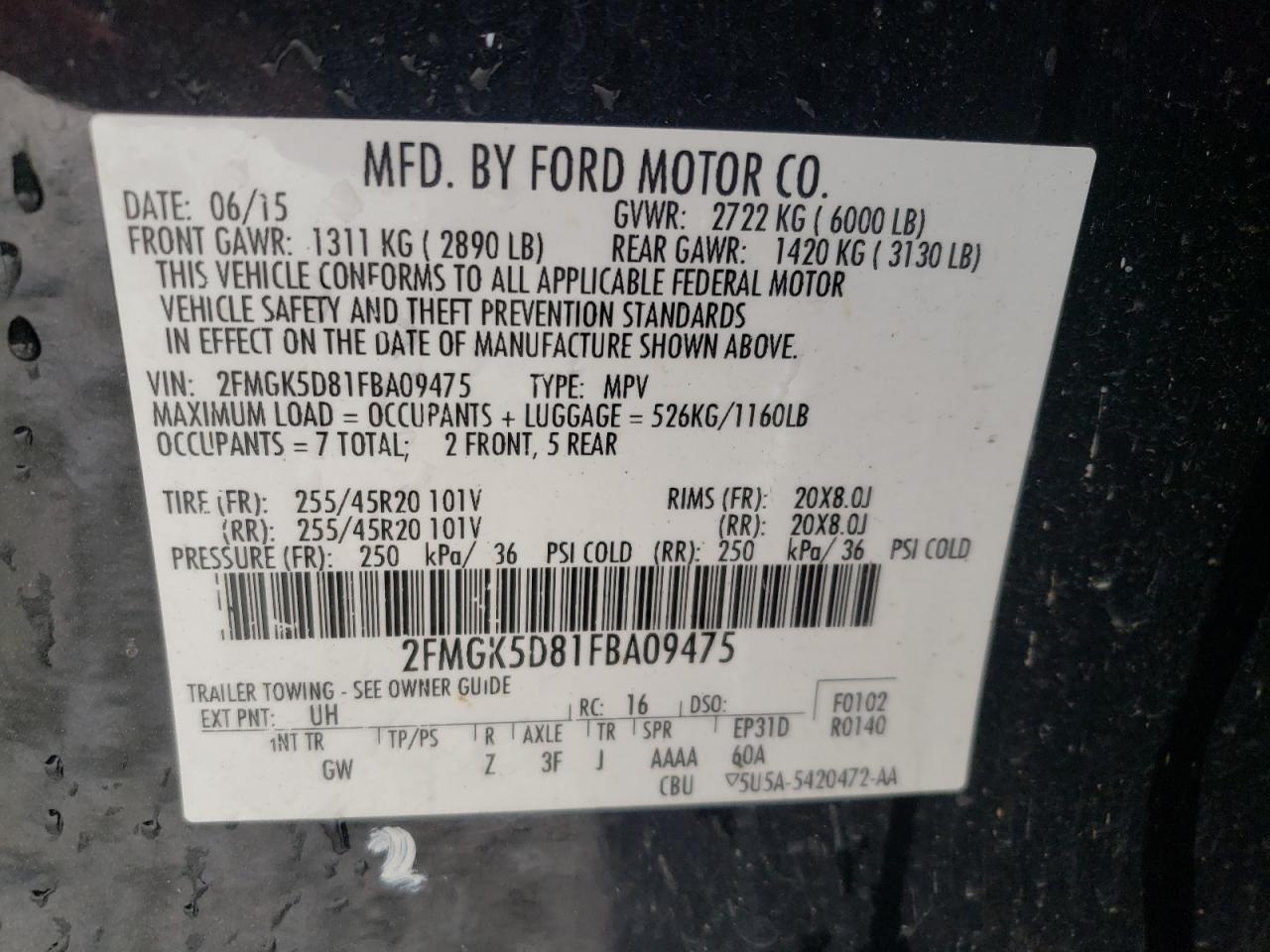 Photo 10 from auction – 2015 FORD FLEX LIMIT with VIN 2FMGK5D81FBA09475