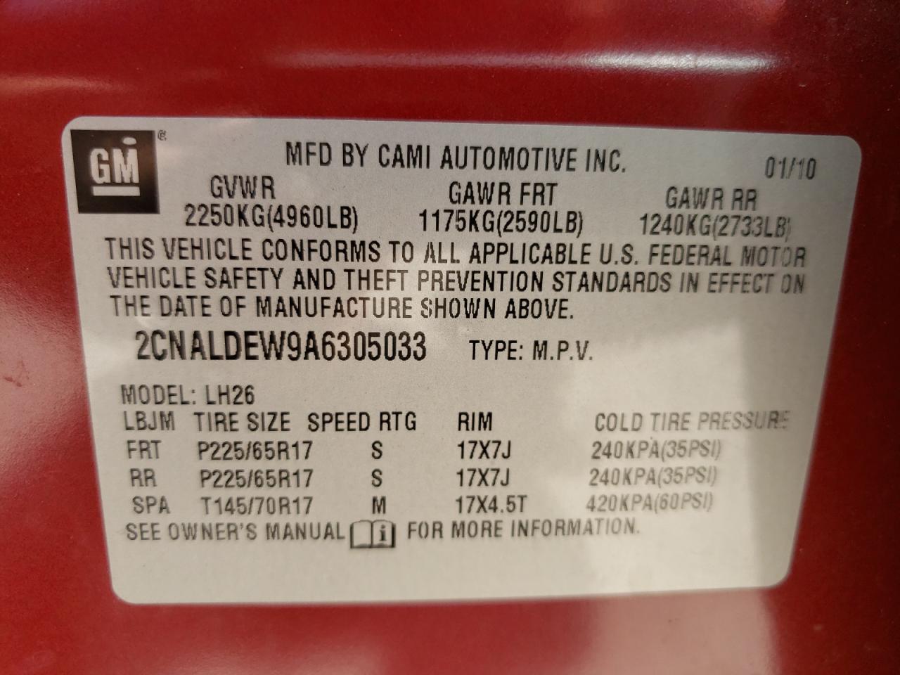 Photo 10 from auction – 2010 CHEVROLET EQUINOX LT with VIN 2CNALDEW9A6305033