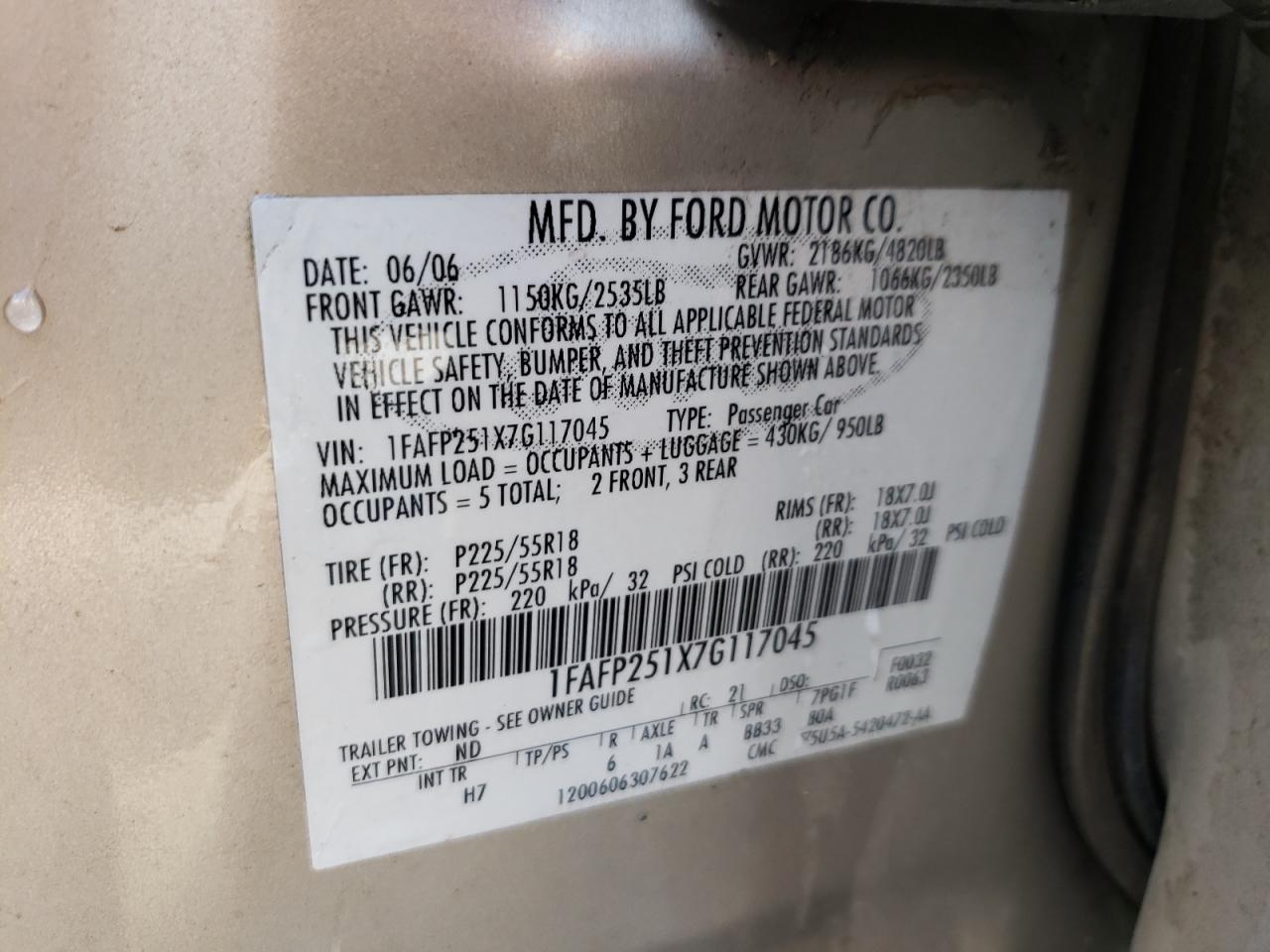 Photo 10 from auction – 2007 FORD FIVE HUNDR with VIN 1FAFP251X7G117045