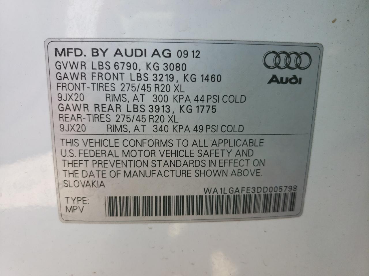 Photo 10 from auction – 2013 AUDI Q7 PREMIUM with VIN WA1LGAFE3DD005798
